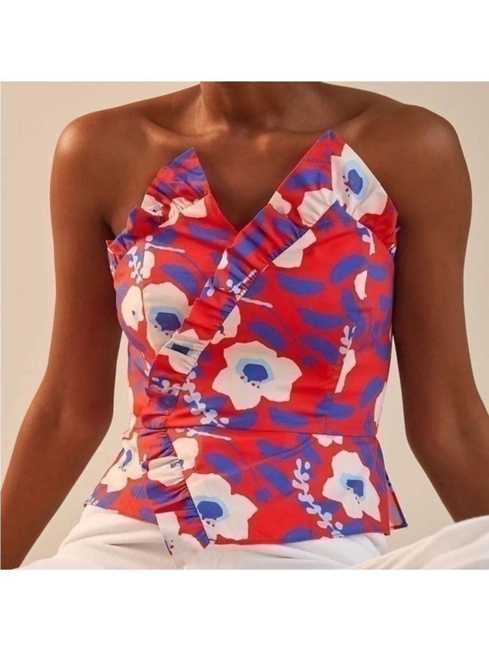 Hutch Anthropologie Strapless Red Floral Ruffle top